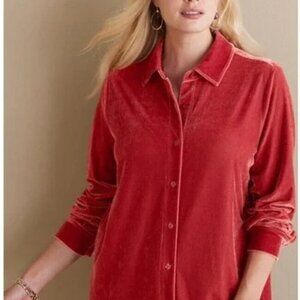 Soft Surroundings Velvet Boyfriend Longline Button Down Long Sleeve Holiday S